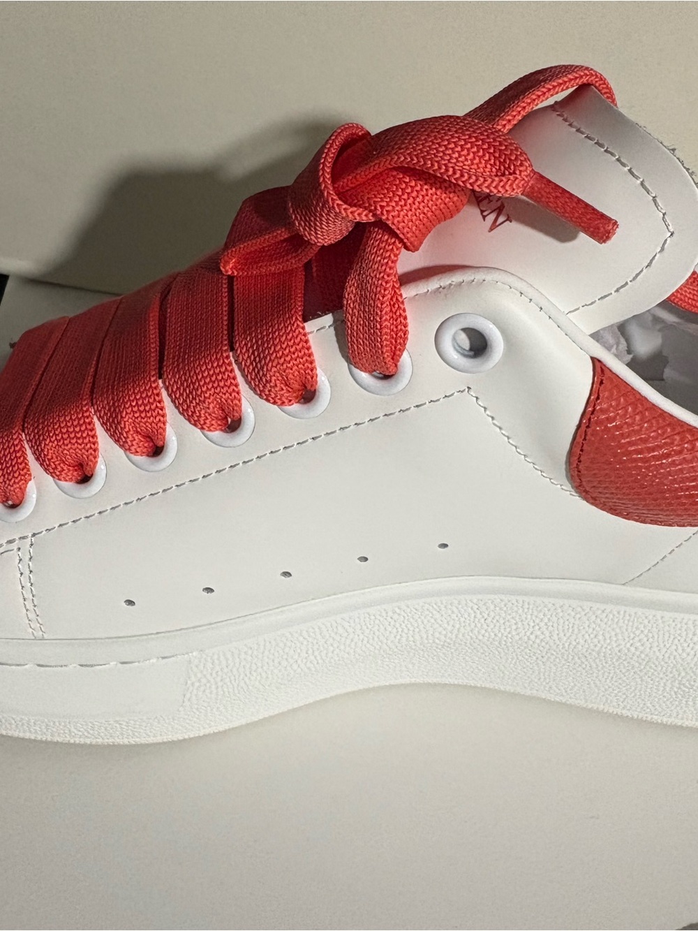 Women Alexander McQueen White Sneakers with Coral Laces and Heel Accent